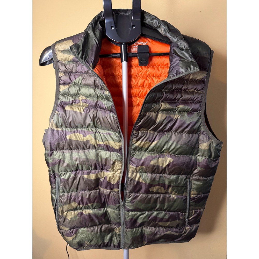 Red Camel Mens Camo Puffer Vest Large Green Orange Down Feather‎ Fill RN31104